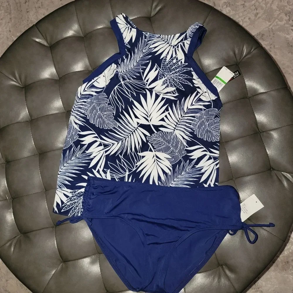 Jantzen High Neck Navy White Palm Tankini Top Navy Drawstring side tie b…